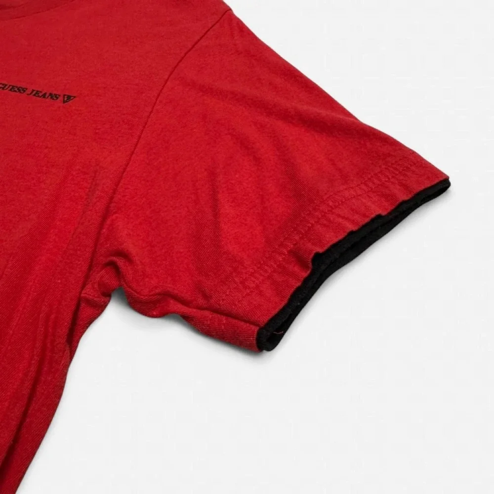 Guess Jeans Los Angeles Mens Red V-Neck T-Shirt Small Black Trim Logo Tee - Picture 3 of 8